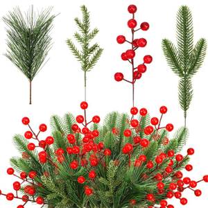 lot 25807 image: Jexine 100 Pcs Christmas Artificial Pine Needles Branches and Red Berry Stems Fake Greenery Pine Picks Christmas Red Berry Picks Holly Berries Xmas Fake Tree Branches for DIY Garland Wreath - Retail $25
