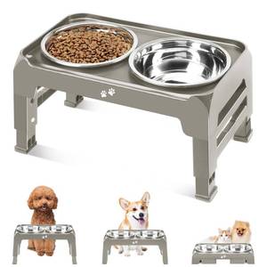 lot 25813 image: Elevated Dog Bowls for Small Dogs 3 Height Adjustable Raised Dog Bowl Stand with 25oz Stainless Steel Food Bowls Anti-Slip Small Dogs Feeder Adjusts to 7.5, 6, 2.75, Light Brownish Gray - Retail $20