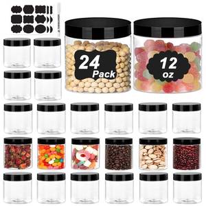 lot 25816 image: LOSYHU 12 oz Plastic Jars with Lids, 24 Pack Round Slime Containers with Pen and Labels, Leakproof PET Empty Jars with Black Lids for Storage Peanut, Spice, Cookie, Candy and Dry Food - Retail $26