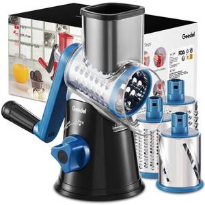 lot 25821 image: Geedel Rotary Cheese Grater, Kitchen Mandoline Vegetable Slicer with 3 Interchangeable Blades, Easy to Clean Rotary Grater Slicer for Fruit, Vegetables, Nuts (Missing Turning Handle) - Retail $25