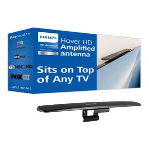 lot 25823 image: Philips Hover Amplified HD Digital TV Antenna, Long Range Smart TV Antenna, Easy Mount on Top of TV Design, Supports 4K 1080P HD VHF UHF, Signal Booster, Coax HDTV CableAC Adapter, SDV7219N27 - Retail $29
