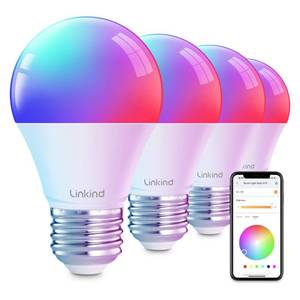 lot 25829 image: Linkind Smart Light Bulbs, Smart Bulb That Work with Alexa & Google Home, LED Light Bulbs Color Changing, 104 Preset Scene, Music Sync, A19 E26 2.4GHz RGBTW WiFi Bluetooth Light Bulb 60W, 800LM, 4Pack - Retail $34