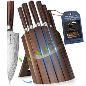 lot 25837 image: SYOKAMI Knife Set 7 Piece Japanese Style Kitchen Knife Set With Foldable Magnetic Acacia Wood Block Sharp High Carbon Stainless Steel Knives Set for Kitchen with Anti-slip Handle, Valentines Gift - Retail $90