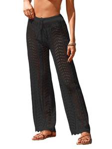 lot 30083 image: BreathSunny Womens Crochet Knit Elastic Waist Tie Swimsuit Coverup Pant Summer 2025 Trendy Outfits Wave Hem Hollow Out Mesh Swimwear Coverups Beach Swim Bathing Suit Cover Up Flare Pants Black M - Retail $37