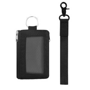 lot 30095 image: ID Badge Holder with Wrist Lanyard for Teacher, Double-Sided Zippered Pocket, Detachable Lanyard, Key Ring, Metal Clasp, Clear ID Card Window, RFID Blocking Wallet, Black - Retail $10