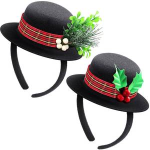 lot 40019 image: WILLBOND Christmas Snowman Headbands Mini Top Hat Headband 2 Pieces Christmas Black Top Hat Mistletoe Costume with Plaid Band Holly and Berries for Holiday Craft - Retail $16