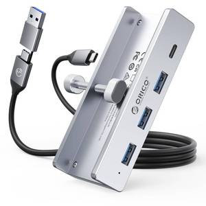 lot 40029 image: ORICO USB Hub 3.0, Clamp USB Hub with Extra Power Port, 3 USB-A Data Ports, USB-C Port for Monitors, Desks(Silver) - Retail $26