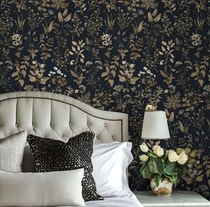 lot 40047 image: Dimoon 393x17.3 Vintage Wallpaper Boho Floral Peel and Stick Wallpaper Dark Black Gold Contact Paper Flower Removable Wall Paper Renter Friendly Stick on Kitchen Bathroom Self Adhesive Thicken Vinyl - Retail $40