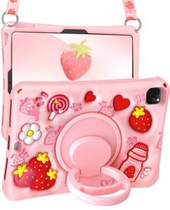 lot 40057 image: Boaretiu for Air 11 Inch Case M3 2025 & M2 2024for Air 5th4th Generation Case 20222020 10.9 Inch - Soft Silicone Cute Shoulder Strap & Rotating Stand Kawaii for Women Girls Strawberry - Retail $24