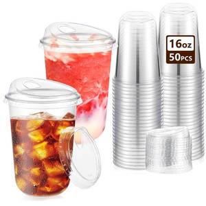 lot 40077 image: 50 Pack 16 oz Disposable Iced Coffee Cups With Sip Lids , Clear Plastic Cup for Cold Boda Tea Smoothie Slushie Milkshake Togo Drinking for Party , Drink Shop Coffee Bar Accessories Supplies , BPA Free - Retail $20
