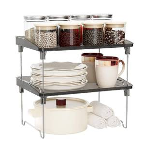 lot 48953 image: STARLATTA 2 Pcs Cabinet Organizer Shelf Stackable Kitchen Counter Shelves, Spice Rack,Countertop Organizers Black Plastic Storage Shelves Rack for Makeup Bathroom, Cupboard Desk Pantry Organization - Retail $17