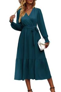 lot 48961 image: PRETTYGARDEN Womens Floral Boho Dress Fall Long Sleeve Wrap V Neck Ruffle Flowy Maxi Spring Wedding Guest Vacation Dresses (Solid Lake Blue,X-Large) - Retail $55
