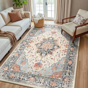 lot 48965 image: RELEANY Area Rugs 5x8 Washable Non-Slip, Floral Vintage Distress Print Pattern Medallion Carpet for Living Room Bedroom Dining Room, Beige Navy Blue Orange Colorful - Retail $80