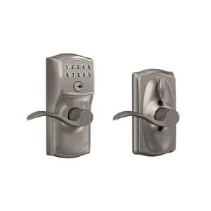 lot 48970 image: SCHLAGE FE595 CAM 619 ACC Camelot Keypad Entry with Flex-Lock and Accent Levers, Satin Nickel - Retail $130