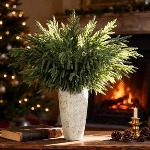lot 48978 image: 8 Pcs Large Christmas Norfolk Pine Stems 36 Inch, Long Greenery Artificial Realistic Artificial Pine Branches for Tall Vase, Fireplace Mantel Decor, Holiday Centerpieces & Indoor Decorations, Filler