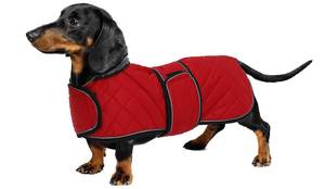 lot 51763 image: Geyecete Warm Thermal Quilted Dachshund Coat, Dog Winter Coat with Warm Fleece Lining, Outdoor Dog Apparel with Adjustable Bands for Medium, Large Dog-Red-S - Retail $23