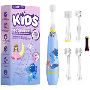 lot 51768 image: ReDISEN 360 Degree Childrens Electric Toothbrush with Fun LED Lights, Built-in 2-Minute Timer, Extra Soft Bristles & Ergonomic Handle - Ideal for Ages 1-12, 4 Replacement Brush Heads Blue