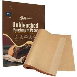 lot 51769 image: 220 Pcs Unbleached Parchment Paper Baking Sheets, Baklicious Pre-cut Heavy Duty Parchment Baking Paper for Air Fryer, Oven, Bakeware, Steaming, Cooking Bread, CupCake, Cookies - Retail $20