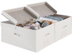 lot 55306 image: StorageWorks Extra Large Storage Bins with Lids, 55L Decorative Storage Bins with Double-Open Lid and Divider Board, Fabric Bins with Handles, Mixing of Beige, White & Ivory, 2-Pack - Retail $45