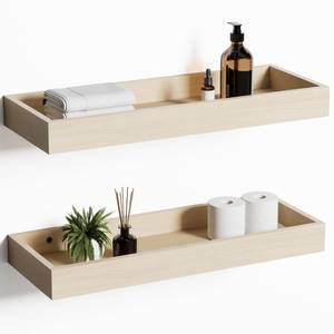 lot 55312 image: Mifurn Oak Floating Shelves with Raised Lip, Wooden Wall Shelves for Bedroom Living Room Kitchen, Modern Bathroom Shelves for Wall, Decor Floating Shelves for Storage Display (Set of 2, 15.7 Inch) - Retail $21