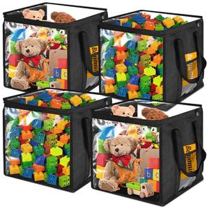 lot 55319 image: EVELOMO 4 Pack Clear Toy Storage Bin with Lids - 12 x 12 Cube Toys Storage Bag, Foldable PVC Boxes with Handles, Storage Organizers for Toys, Clothes, Blocks, Stuffed Animal Storage(Black) - Retail $26