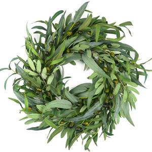 lot 55324 image: Olive Wreath for Front Door 22 inch, Greenery All Season Wreath with Olive Leaf Fruit, Home Decoration for Outdoor Living Room Indoor Wall and Outside Summer All Season Wedding - Retail $28