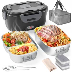 lot 55327 image: Geveniss Electric Lunch Box for Men, Women & Adults - 80W Fast Heating - Heated Lunch Box with Dual 1.5L SS Containers - Portable Food Warmer for Car, Truck, Office - Retail $33
