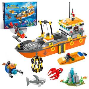 lot 55329 image: AKWME City Ocean Explorer Ship Building Set, Exploration Boat Set Toy Building Block with LED Lights, Helicopter, Submarine and Shark Cage, Birthday Gifts for 6 8 10 12 Years Old Boys Kids Girls - Retail $28