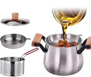 lot 58992 image: Small Deep Fryer Pot with Strainer & Basket, Stainless Steel Oil Filter Bacon Grease Container, Cooking Oil Container With Frying Basket, Small Capacity Oil Strainer Pot for Kitchen and Camping (2.5L) - Retail $22