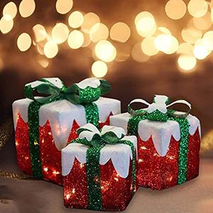 lot 58995 image: MorTime Set of 3 LED Boxes with Green Bows, Lighted Red Boxes with 60 LED Light String for Christmas Indoor Outdoor Home Yard Party Decoration - Retail $18