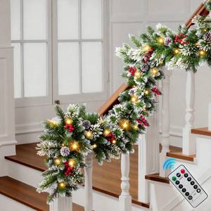 lot 59001 image: Trepcrow 9FT Christmas Garland with Light,Pre-Lit Realistic Pine ConesBerries&Multicolor LED Lights(with Remote Control), Christmas Garland for Mantle Fireplace Stairs Front Door, Outdoor Xmas Decor - Retail $42
