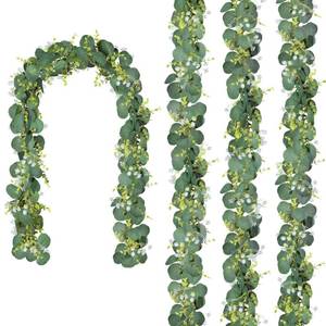 lot 59007 image: CQURE 4Pcs Eucalyptus Garland,Artificial Eucalyptus Leaves Table Greenery Garland Wreath Vines for Wedding Party Table Fireplace Bedroom Wall Room Decor - Retail $22