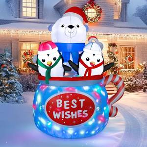 lot 25861 image: Dawdix Christmas Inflatables Decorations with Colorful Light, 6FT Inflatable Polar Bear & Penguins in Hot Cocoa Mug, Blow Up Outdoor Decorations for Xmas Holiday Yard Garden Lawn Party - Retail $65