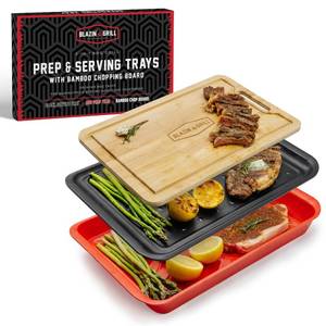 lot 25866 image: BLAZIN GRILL Prep and Serving Trays  Set of 3 Stackable, Melamine Trays with Bamboo Cutting Board  Trays for Marinating, Serving & Chopping  Serving Platter for Plating Food & BBQ Prep Tub  (Prep Tray Chipped) - Retail $35