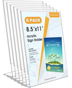 lot 25883 image: MaxGear 4 Pack Acrylic Sign Holder 8.5 X 11, Plastic Paper Holder With Vertical Slanted Back, Picture Photo Frames Display Stand Flyer and Document Organizer for Office Desktop Use - Retail $19