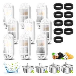 lot 25894 image: Cat Water Fountain Filters, 9 Pack Replacement Filters & Replacement Pre-Filter Sponges for Stainless Steel Pet Fountain with Water Level Window, Fountain Carbon Filters for Dog Water Dispenser Bowl - Retail $16