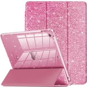 lot 30121 image: INFILAND for iPad 9th8th7th Generation Case 202120202019 10.2 inch, Glitter Slim Protective Cover with Clear Back, Pencil Holder for Kids Girls for iPad 789 Gen, Pink - Retail $10
