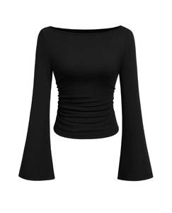 lot 30136 image: PRETTYGARDEN Womens Long Sleeve Shirts 2026 Spring Crop Going Out Tops Casual Boat Neck Bell Sleeve Ribbed Ruched Y2K Clothes (Black,Large) - Retail $10