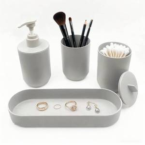 lot 30155 image: LGURT-4-piece Bathroom Accessories Set, with Toothbrush Holder, Lotion soap Dispenser, Qtip Holder Dispenser and Vanity Tray, Bathroom Counter top Vanity (Gray) - Retail $9