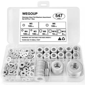 lot 30158 image: Kviceo Stainless Steel Flat Washers Assortment, 18-8 (304) Stainless Steel Metric Washers, 547-Piece Set (M3, M4, M5, M6, M8, M10, M12) with Plastic Storage Case - Retail $6