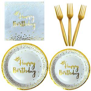 lot 30160 image: 96 Pieces White and Gold Disposable Birthday Plates and Napkins Party Supplies,Plastic Forks Serve 24 Guests for Birthday Party Decorations - Retail $20
