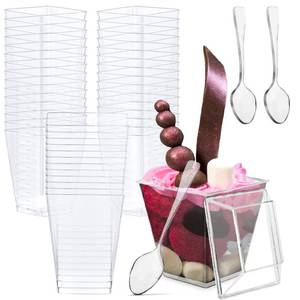 lot 30161 image: Oasis Creations Square Mini Dessert Cup - 3.5 ounce - 50 Count - Lids & Spoons Included - Clear Plastic - Appetizer Cup - Parfait Cup - Dessert Cup -Disposable or Reusable (50 Pack) - Retail $13
