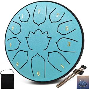 lot 40113 image: LONCHAN Steel Tongue Drum 11 Notes 6 Inches, Rain Drum for Outside with Bag, Music Book, Mallets, Finger Picks, Stickers Meditation & Yoga Steel Drum - Retail $25