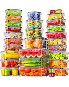 lot 48991 image: 60 PCS Food Storage Containers with Lids Airtight, (30 Lids & 30 Containers) Leak proof Containers Set for Kitchen, Meal Prep, BPA-Free, PVC-Free Plastic, MicrowaveDishwasher Safe, Extra Labels & Pen - Retail $28