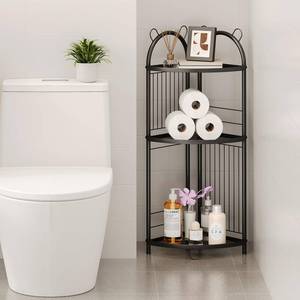 lot 48995 image: Corner Bathroom Shelf Metal Short Corner Stand Shelf Black Small Bathroom Storage Corner Shelf Unit for Toilet Shower Room 3 Tier - Retail $30