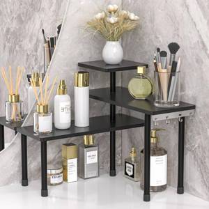 lot 48999 image: JayRex Countertop Corner Shelf, 3 Tier Shelf Moveable Organizer for Bathroom Counter, Make Up, Dresser Table, Desktop Shelf (Black) - Retail $29