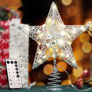 lot 49002 image: YAUNGEL Christmas Tree Topper, Star Tree Topper with 40 LED and Remote Control Battery Operated Warm Lights Treetop Christmas Decorations, Indoor Home Decor, 10IN Silver - Retail $17