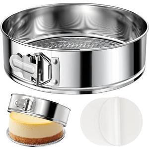 lot 49003 image: ZeroPone 9 Inch 304 Stainless Steel Springform Pan with Removable Bottom, Nonstick Round Spring Form Cheesecake Pan with 30 Pcs Parchment Paper Liners - Retail $17