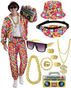 lot 49010 image: VillbeCoser 80s 90s Outfit for Men Tracksuit Costume, Hip Hop Hat Fanny Pack Ring Bracelet Gold Chain Rapper Sportswear - Retail $40