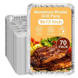 lot 49019 image: 70 Pack Aluminum Grill Pans 13 x 9 Inch, Disposable Broiler Pans with Holes and Ribbed Bottom, Heavy Duty Foil Grill Liners for BBQ, Roasting, Drip Trays, and Oven Cooking - Retail $37
